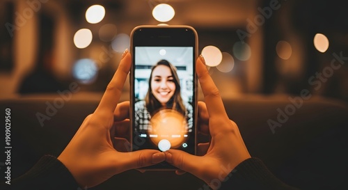 Wallpaper Mural Woman taking selfie with smartphone device bokeh lights background Torontodigital.ca