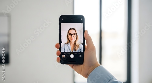 Wallpaper Mural Woman taking selfie with smartphone device in interior setting Torontodigital.ca