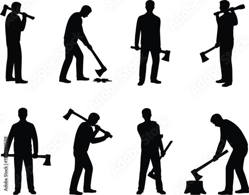 Lumberjack silhouette collection featuring woodcutter chopping wood with axe isolated on white background for forestry logging industry and outdoor work design