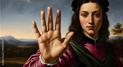 Wallpaper Mural Womans hand gesture in renaissance style painting on landscape backdrop Torontodigital.ca