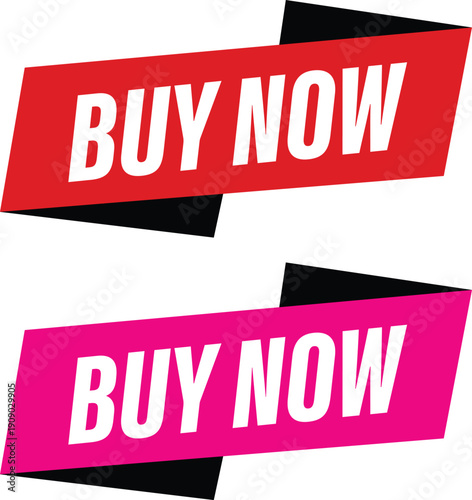 A colorful graphic with two buy now stickers in red and pink on a white background