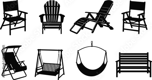 Outdoor chair and garden furniture silhouette collection including bench swing hammock and deck seating isolated on white background for patio design