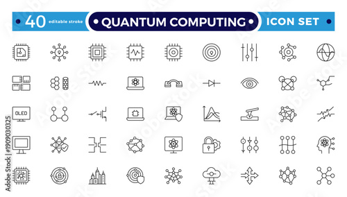 Quantum Computing outline icon set for AI Hardware and Acceleration, Featuring GPU Card, AI Accelerator Chip, Server Rack, CPU, RAM, Motherboard, Data Flow. Editable stroke outline icon.
