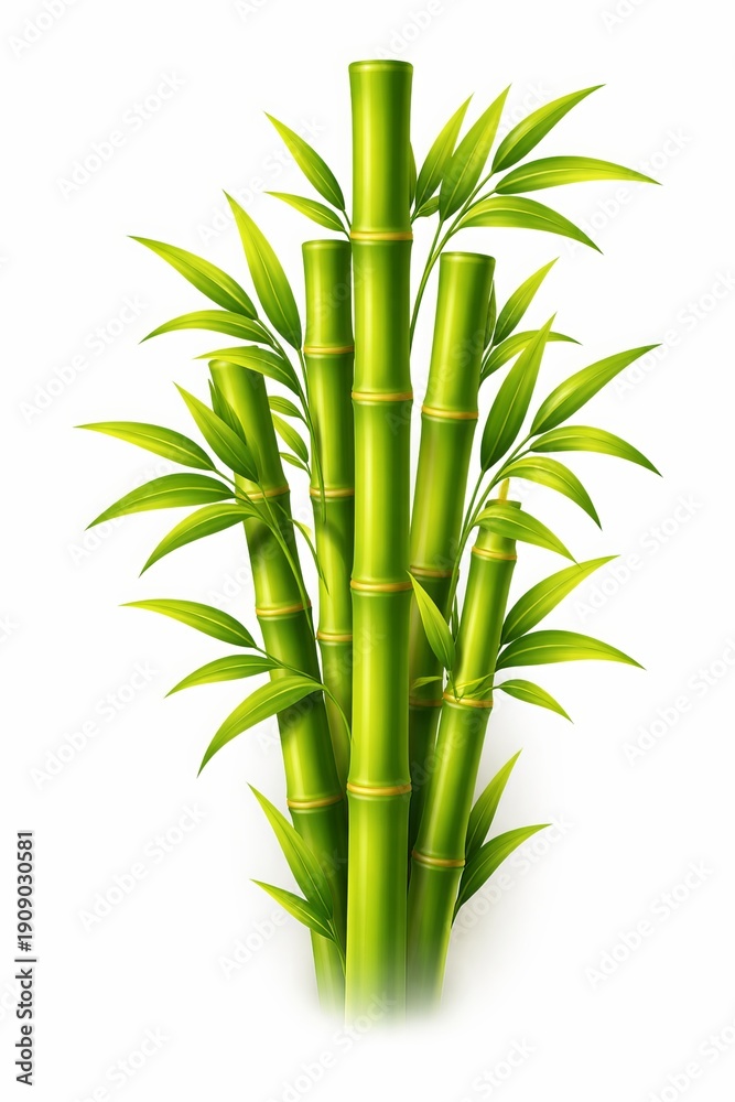 Obraz premium A vertical 3D composition of bamboo stalks with layered leaves. With bright natural green tones, smooth cylindrical depth, visible bamboo joints, soft gradient lighting, overlapping elements for depth