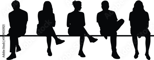 People sitting silhouettes collection, casual seated poses on bench, relaxed lifestyle activity, isolated black human figure vector illustration for design projects use