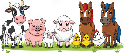 Group of Cute Cartoon Farm Animals Including Cow Pig Sheep Horse Chicken and Chicks Standing on Green Grass Isolated on White Background Vector