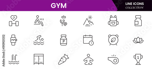 Gym and fitness icon set. It contains healthy lifestyle, weight training, body care, and workout or exercise equipment icons. Vector illustration web line icon collection 