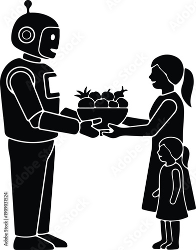 silhouette friendly robot serving fresh fruit to woman and child vector design