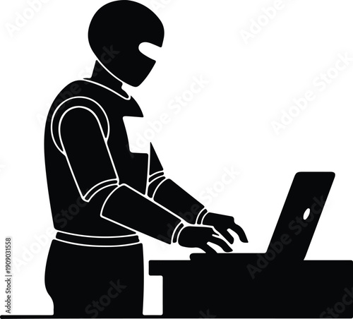 silhouette futuristic humanoid robot using laptop computer for advanced technology vector design