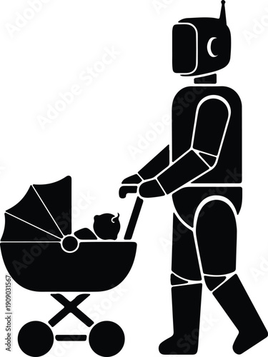 silhouette futuristic robot character pushing baby stroller in minimalist style vector design