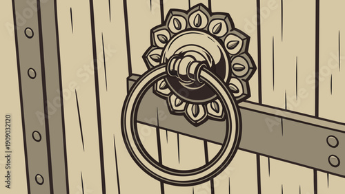 A vintage-style illustration of an ornate door knocker on a wooden door