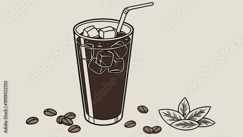 A vector graphic illustration of a cold iced coffee drink with ice cubes and a straw surrounded by coffee beans and leaves