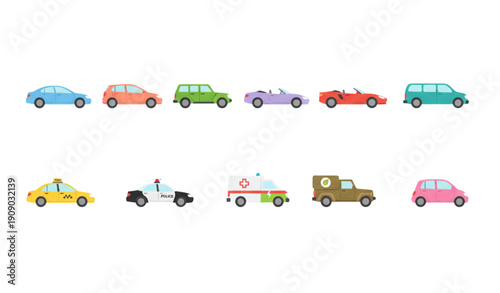 
Flat vector set of various car types in side view including sedan SUV taxi truck and electric vehicle isolated on white background