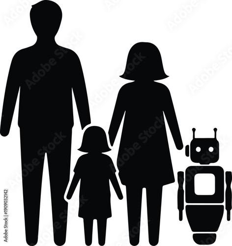 silhouette of a family with a robot representing future technology vector design