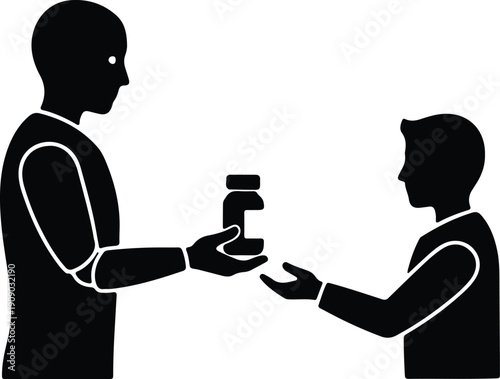 silhouette of a person giving a medicine bottle to another person vector design