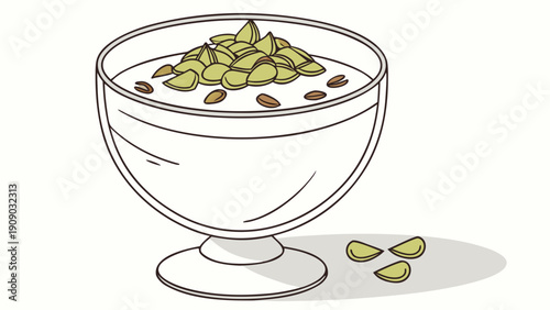 A vector graphic illustration of a bowl of pistachio dessert with a minimalist design