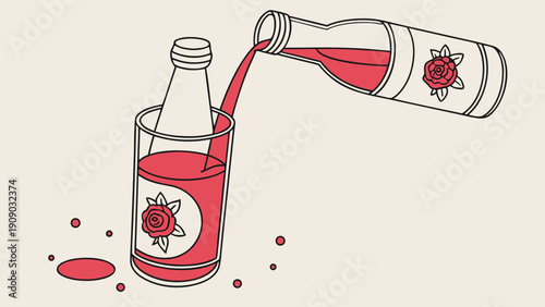 A minimalist vector illustration of a bottle pouring rose soda into a glass with a floral design
