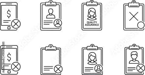Minimalist Business Vector Icons Featuring Quality Assurance Clipboard Profiles and Mobile Payment Security Symbols in a Clean Line Art Style for Professional Presentations