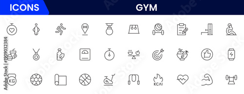 Gym and fitness icon set. It contains healthy lifestyle, weight training, body care, and workout or exercise equipment icons. Vector illustration web line icon collection 