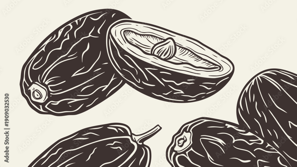 Fototapeta premium A black and white vector illustration of cacao pods in a minimalist line art style