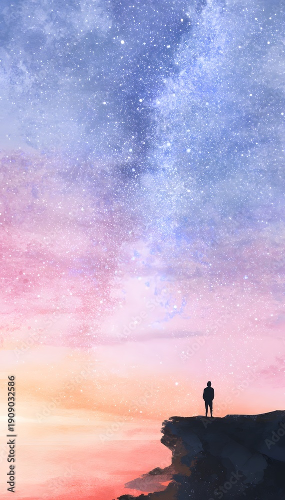 Fototapeta premium Tranquil figure admires sunset Milky Way serene landscape illustration inspires hope and peaceful reflection