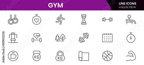Gym and fitness icon set. It contains healthy lifestyle, weight training, body care, and workout or exercise equipment icons. Vector illustration web line icon collection 