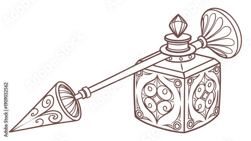 A vintage perfume atomizer with an ornate design and decorative cap