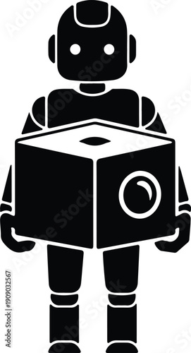 silhouette robot carrying a cardboard box for delivery service vector design