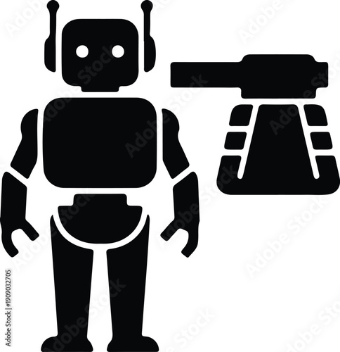 silhouette robotic character with futuristic weapon tool for game project vector design