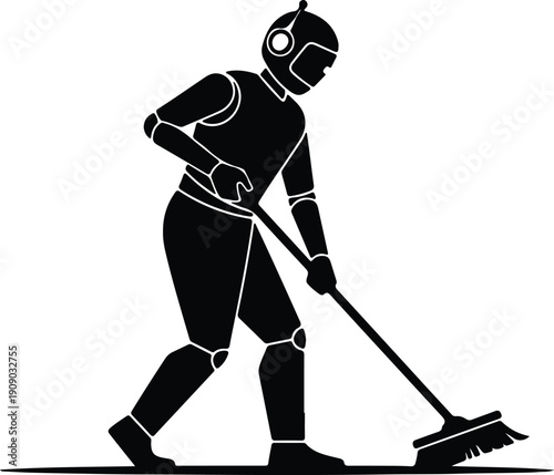 silhouette robotic person cleaning floor with broom for maintenance vector design