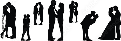 Romantic couple silhouette collection with loving men and women kissing hugging and embracing isolated on white background for wedding and relationship design