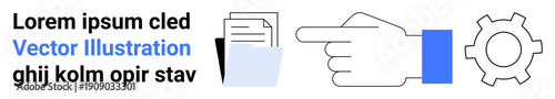 Hand pointing towards files and a gear, symbolizing document management, workflow processes, system settings, and task execution. Ideal for business tools, software UX, file organization, task
