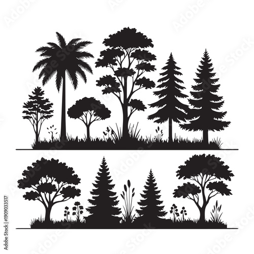 Diverse Silhouettes of Trees and Grass in Black and White