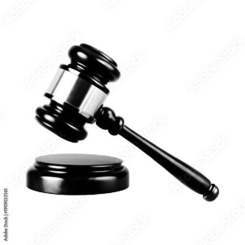 Black and white halftone illustration of judge gavel and sound block isolated on white background. Retro pop art legal symbol with detailed dot texture.