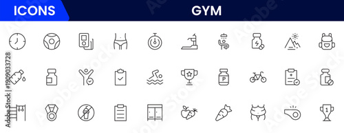 Gym and fitness icon set. It contains healthy lifestyle, weight training, body care, and workout or exercise equipment icons. Vector illustration web line icon collection 