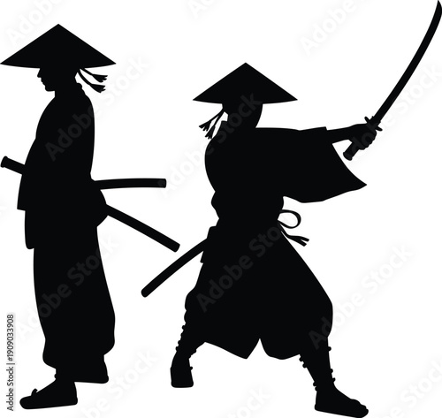 Samurai warrior silhouette collection, traditional Japanese swordsman with katana action poses, martial arts fighter outline isolated on white background for design projects