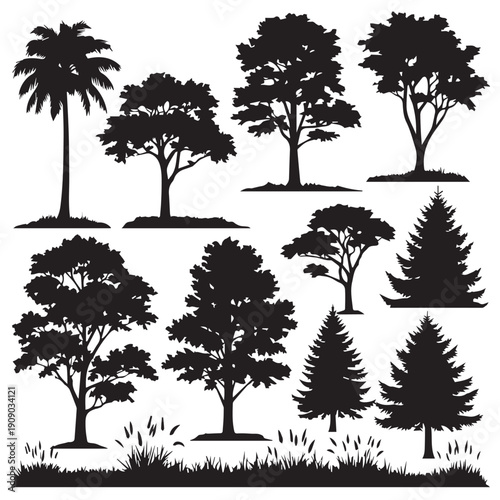 Collection of Diverse Tree Silhouettes with Grass and Reeds