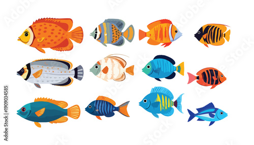 A cute cartoon set of colorful tropical fish swimming together underwater in the ocean aquarium illustration