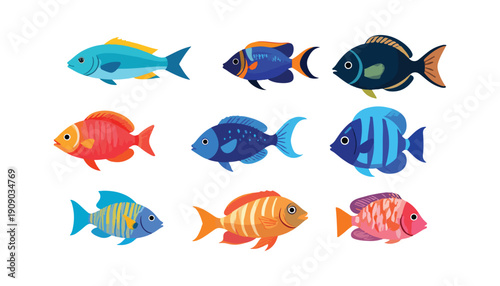 set of  of colorful cartoon fish swimming underwater cartoon illustration vector