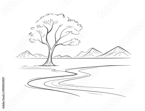 Minimalist of a solitary tree beside a winding path with distant mountains