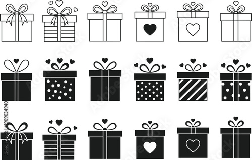 Romantic gift box icons collection with heart shapes and ribbon bows, Valentine present set in outline and solid vector style