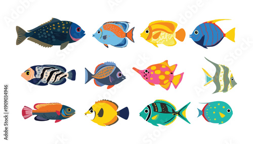 Colorful set of cartoon fish swimming underwater in a tropical ocean scene vector illustration