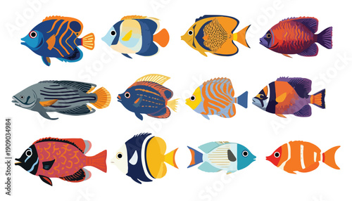 A colorful set of tropical fish swimming underwater among coral in a bright aquarium scene