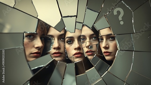 A shattered mirror reflecting different emotional faces instead of memories with missing pieces forming question marks.