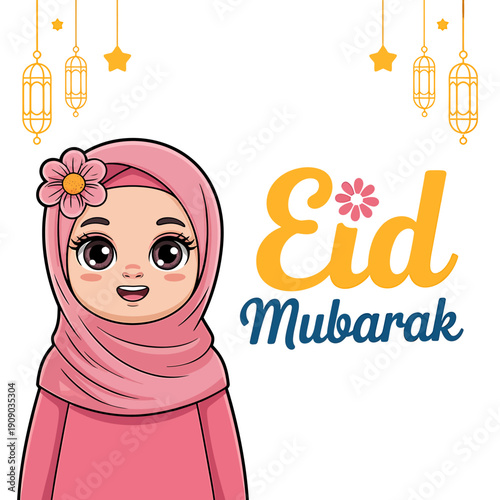 Eid mubarak greeting card with cartoon girl wearing pink hijab and flower on head surrounded by lanterns and stars