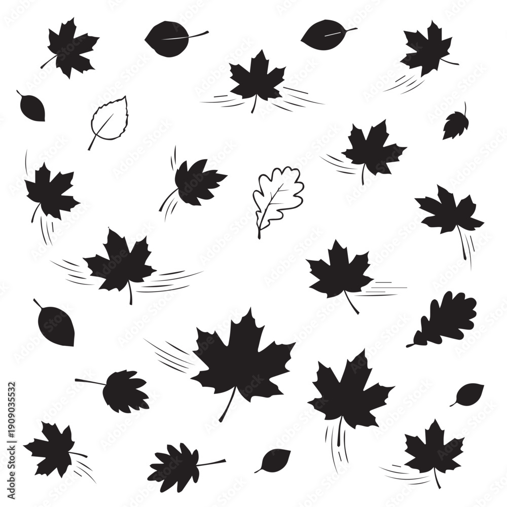 Fototapeta premium Dynamic Autumn Leaves in Motion: Blowing Maple and Oak Leaf Silhouettes