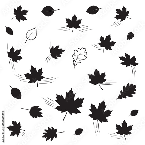 Dynamic Autumn Leaves in Motion: Blowing Maple and Oak Leaf Silhouettes