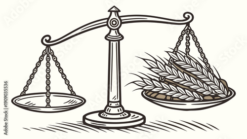 A minimalist vector illustration of a balance scale with a wheat bundle on one side and an empty plate on the other, symbolizing justice and equality.