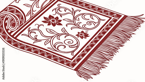 A red and white vector illustration of a scarf with floral patterns and fringe