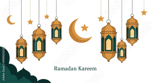 Illustration of hanging lanterns and crescent moons with stars for Ramadhan Kareem, conveying a festive and celebratory mood in a dark background.